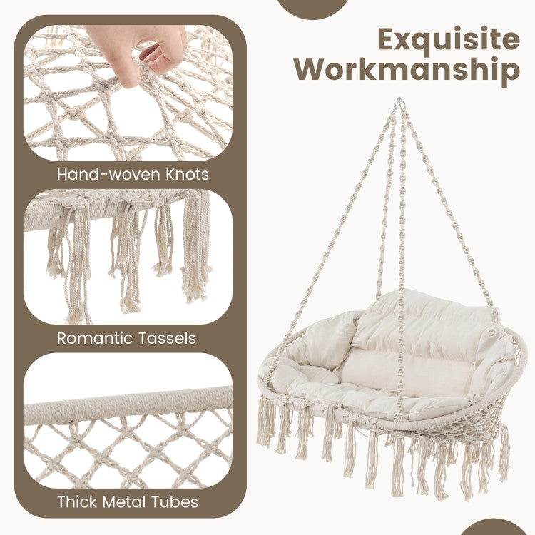 Hand-Woven Rope Hanging Chair with Thick Cushion and Folding Metal Frame