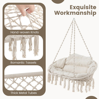 Hand-Woven Rope Hanging Chair with Thick Cushion and Folding Metal Frame
