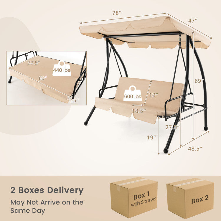 2-Seat Outdoor Convertible Swing Chair with Flat Bed and Adjustable Canopy