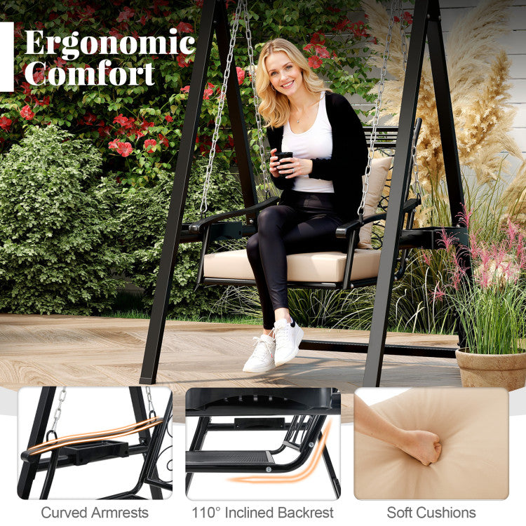Outdoor Porch Swing with Removable Cushions and Side Tables for Garden Balcony
