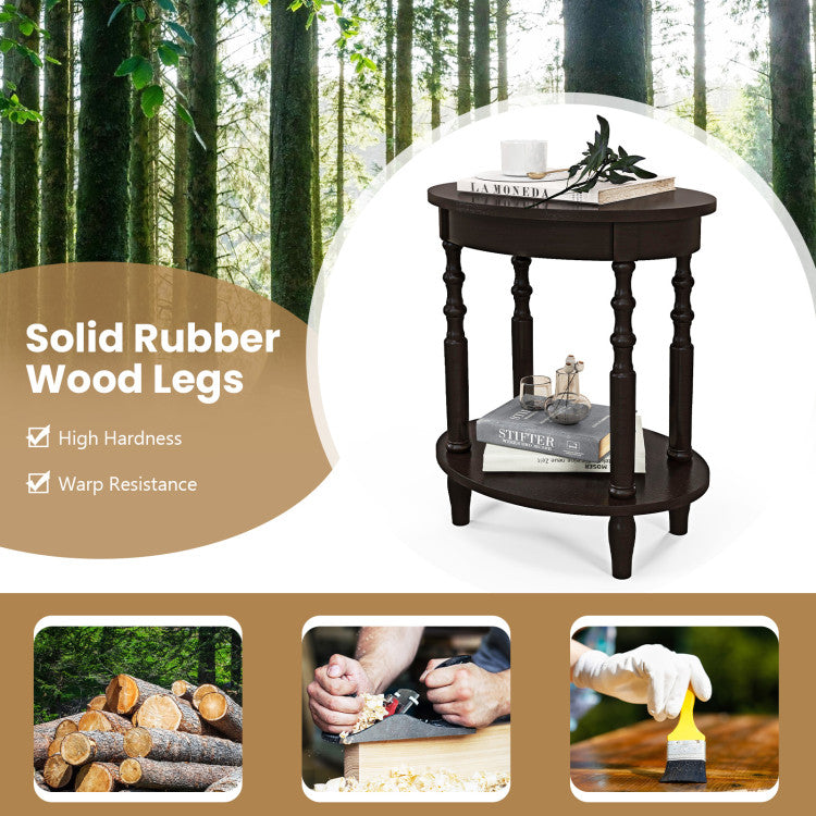 2-Tier Oval Side Table with Storage Shelf and Solid Wood Legs