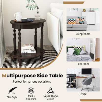 2-Tier Oval Side Table with Storage Shelf and Solid Wood Legs