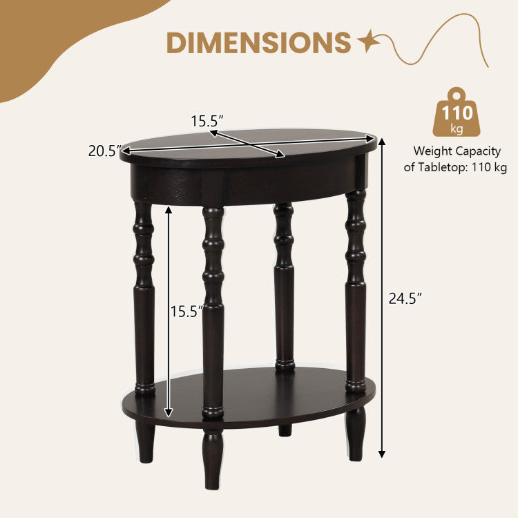 2-Tier Oval Side Table with Storage Shelf and Solid Wood Legs