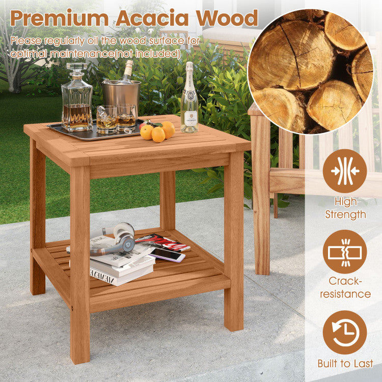 Patio Acacia Wood Side Table Set of 2 with Slatted Tabletop and Storage Shelf