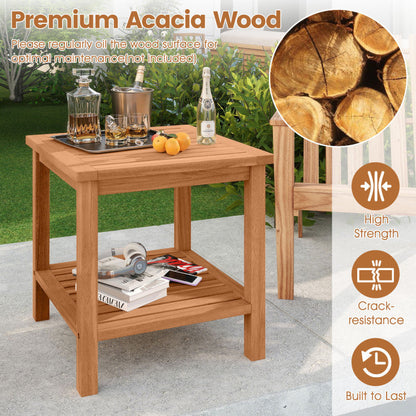 Patio Acacia Wood Side Table Set of 2 with Slatted Tabletop and Storage Shelf