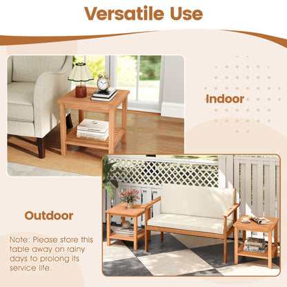 Patio Acacia Wood Side Table Set of 2 with Slatted Tabletop and Storage Shelf
