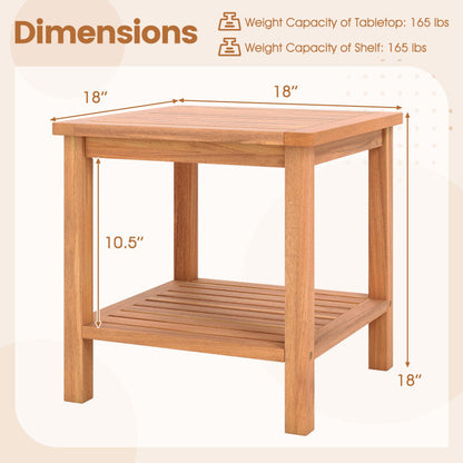 Patio Acacia Wood Side Table Set of 2 with Slatted Tabletop and Storage Shelf