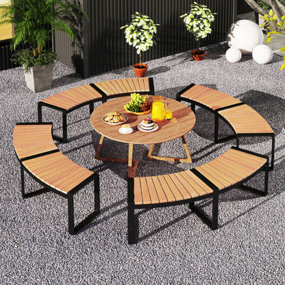 Patio Curved Bench with Slatted Seat and Metal Legs