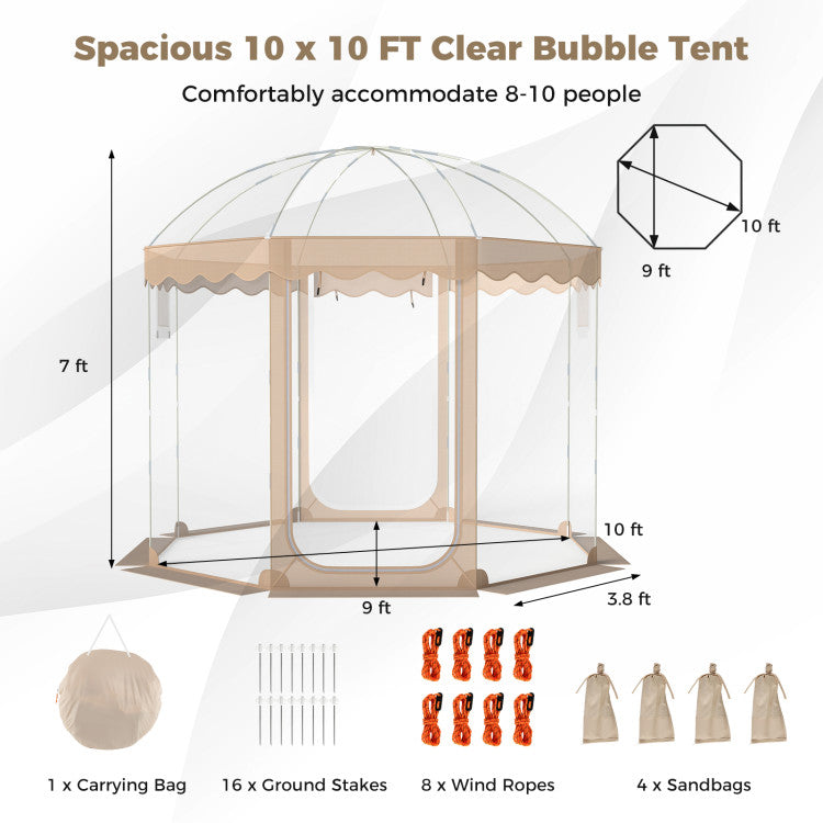 Pop Up Bubble Tent 10x10 FT for 8-10 People Weatherproof Pod with 540° Panoramic Clear PVC