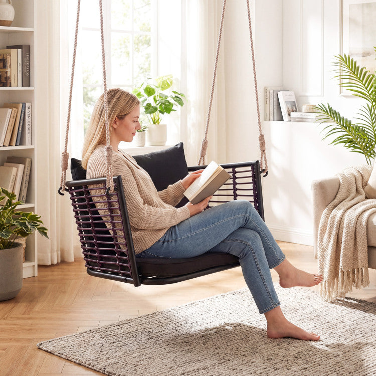 Porch Swing Patio Hanging Rattan Chair with Zippered Cushions and Rope