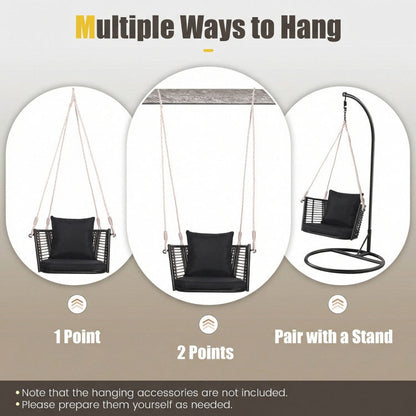 Porch Swing Patio Hanging Rattan Chair with Zippered Cushions and Rope