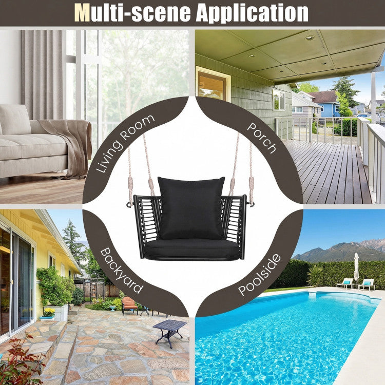 Porch Swing Patio Hanging Rattan Chair with Zippered Cushions and Rope