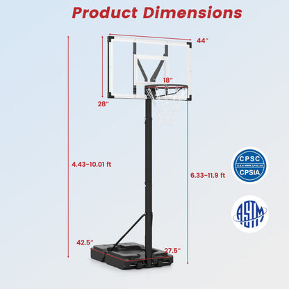 Portable Basketball Hoop with 4.43-10 Ft Adjustable Height