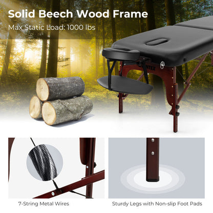 Folding Massage Table with Height-adjustable Beech Wood Frame