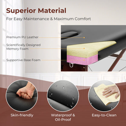 Folding Massage Table with Height-adjustable Beech Wood Frame
