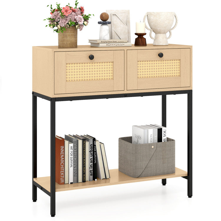 Rattan Console Table Boho Entryway Table with 2 Rattan Drawers and Open Storage Shelf