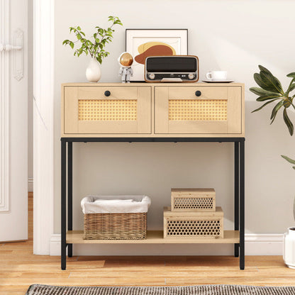 Rattan Console Table Boho Entryway Table with 2 Rattan Drawers and Open Storage Shelf