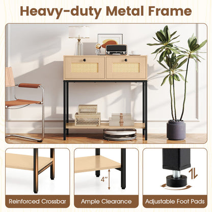 Rattan Console Table Boho Entryway Table with 2 Rattan Drawers and Open Storage Shelf