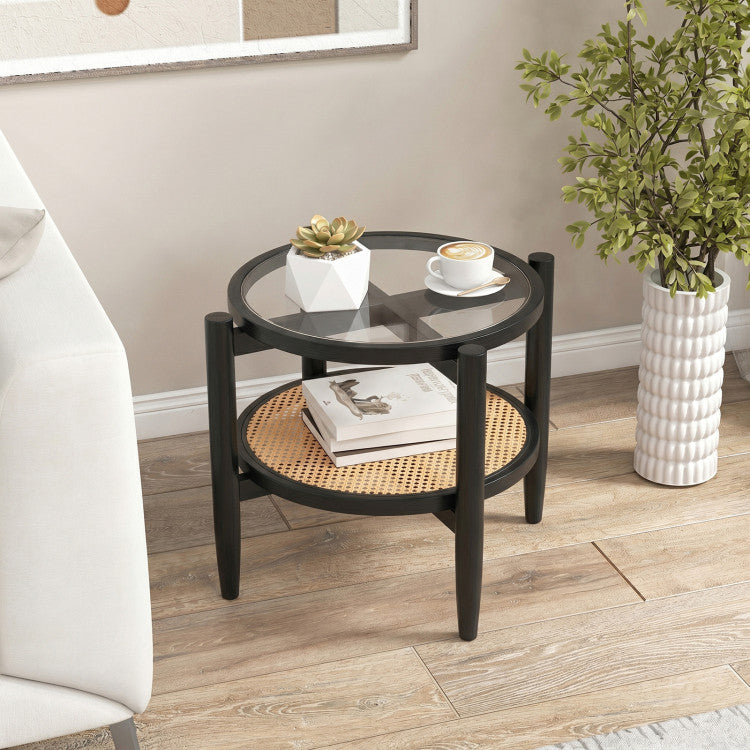 Rattan Round Side End Table with Tempered Glass Tabletop