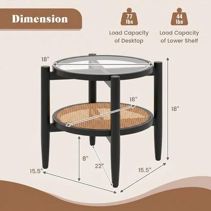 Rattan Round Side End Table with Tempered Glass Tabletop