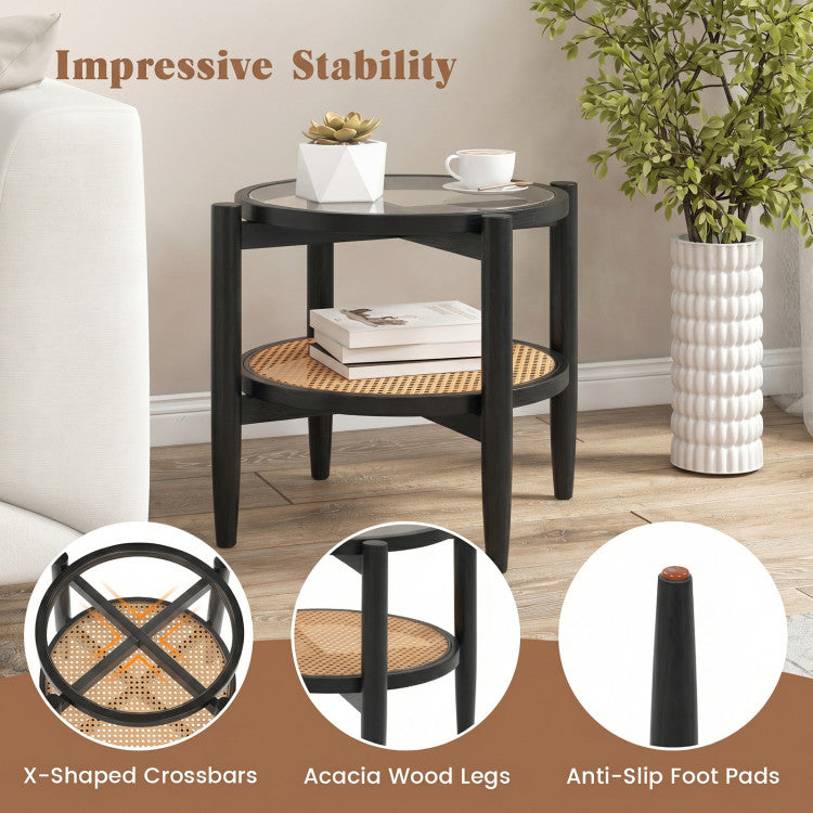 Rattan Round Side End Table with Tempered Glass Tabletop