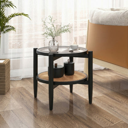 Rattan Round Side End Table with Tempered Glass Tabletop