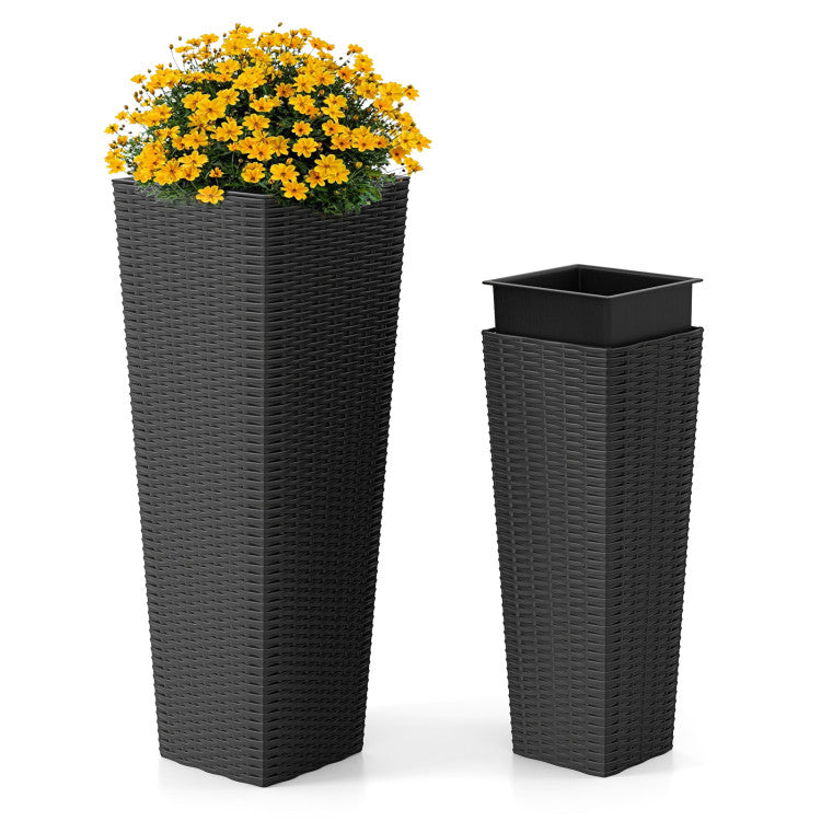 Rattan Tall Planter Set of 2 Outdoor Large Tapered Planters with Removable Inner Trays