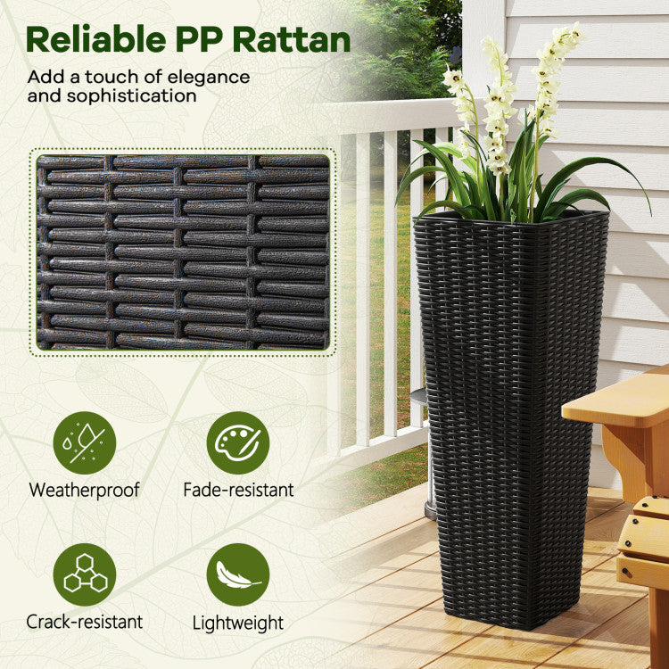 Rattan Tall Planter Set of 2 Outdoor Large Tapered Planters with Removable Inner Trays
