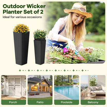 Rattan Tall Planter Set of 2 Outdoor Large Tapered Planters with Removable Inner Trays