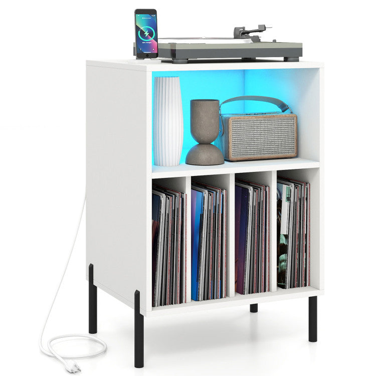 Record Player Stand with LED Light and Charging Station