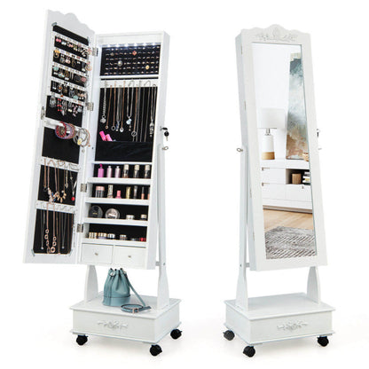 Rolling Floor Standing Mirrored Jewelry Armoire with Lock and Drawers