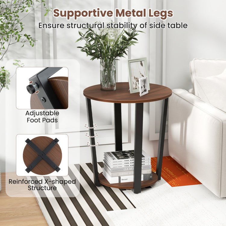 Round End Table with Open Shelf and Metal Frame