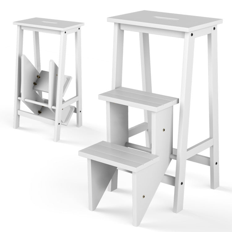 3-in-1 Rubber Wood 3 Tier Folding Step Stool Ladder Storage Shelf