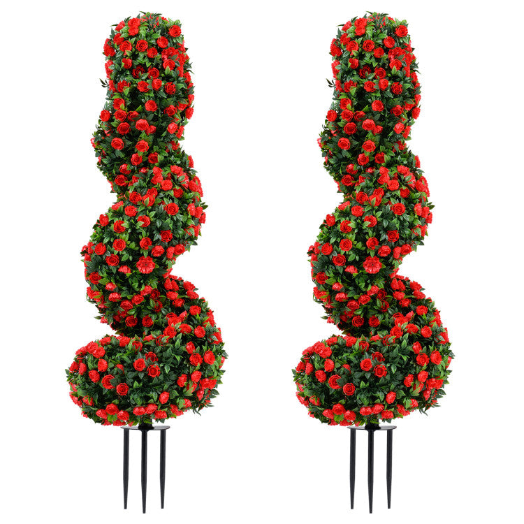 Set of 2 Artificial Spiral Topiary Trees with Sun Protection and Ground Spikes