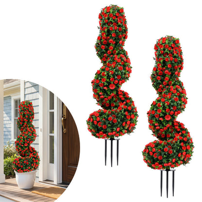 Set of 2 Artificial Spiral Topiary Trees with Sun Protection and Ground Spikes