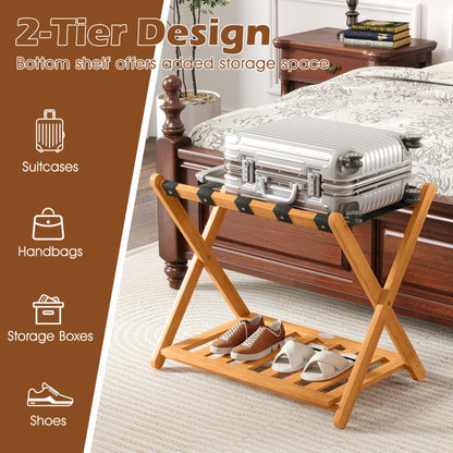 Set of 2 Folding Luggage Racks with 5 Nylon Straps and Slatted Storage Shelf