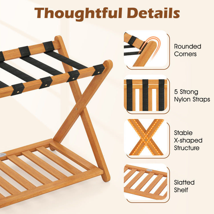 Set of 2 Folding Luggage Racks with 5 Nylon Straps and Slatted Storage Shelf
