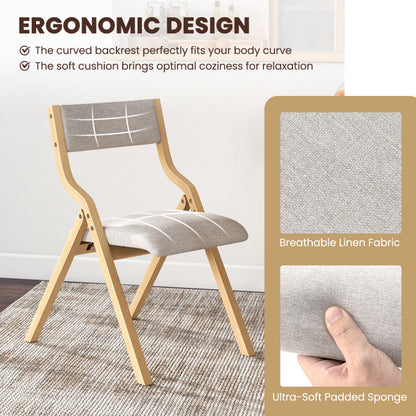 Set of 2 Wooden Folding Dining Chair with Linen Fabric Padded Seat and Backrest