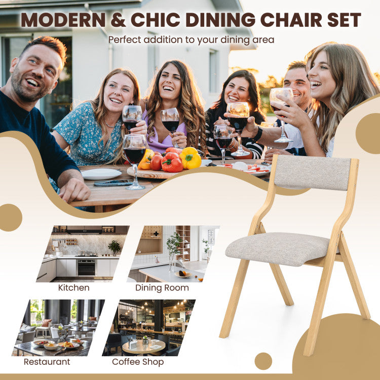 Set of 2 Wooden Folding Dining Chair with Linen Fabric Padded Seat and Backrest