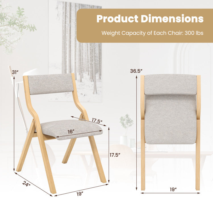 Set of 2 Wooden Folding Dining Chair with Linen Fabric Padded Seat and Backrest