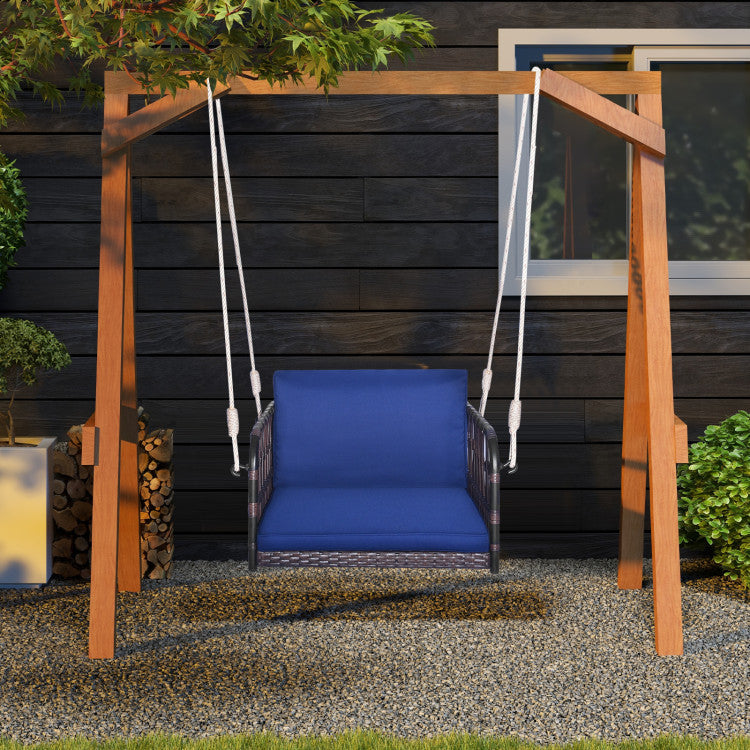 1-Person Rattan Hanging Porch Swing Seat with Cushions and Ropes