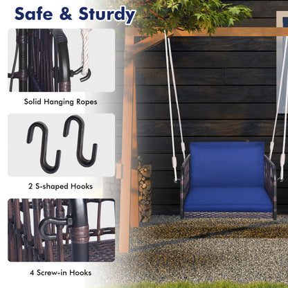 1-Person Rattan Hanging Porch Swing Seat with Cushions and Ropes