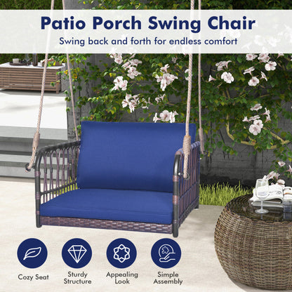 1-Person Rattan Hanging Porch Swing Seat with Cushions and Ropes