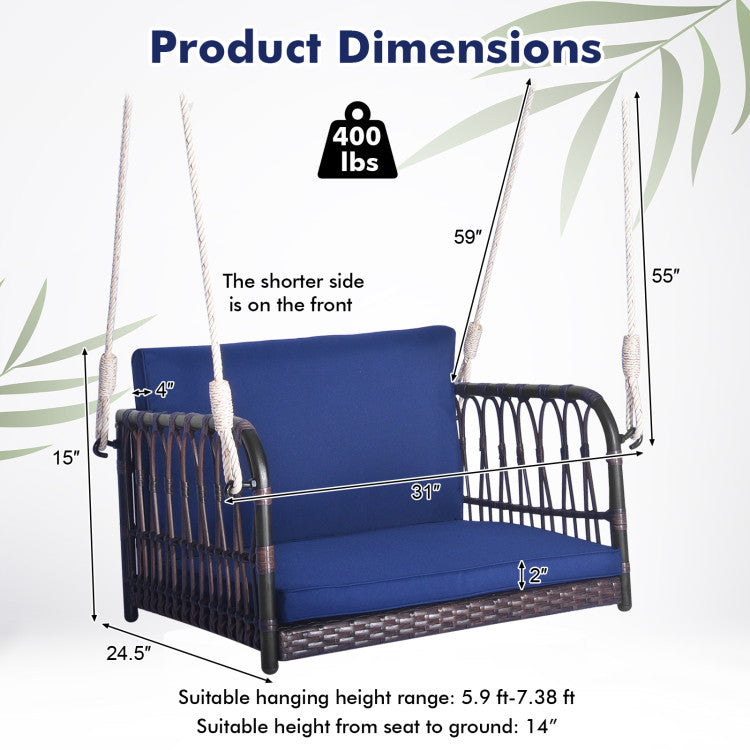 1-Person Rattan Hanging Porch Swing Seat with Cushions and Ropes