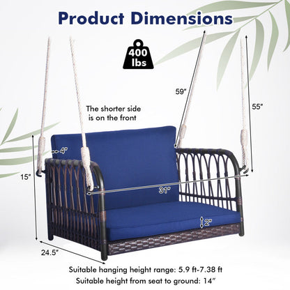 1-Person Rattan Hanging Porch Swing Seat with Cushions and Ropes