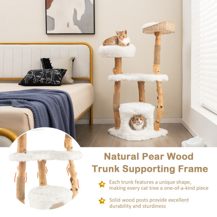 Solid Wood Cat Tower with Top Cattail Basket Cat Bed