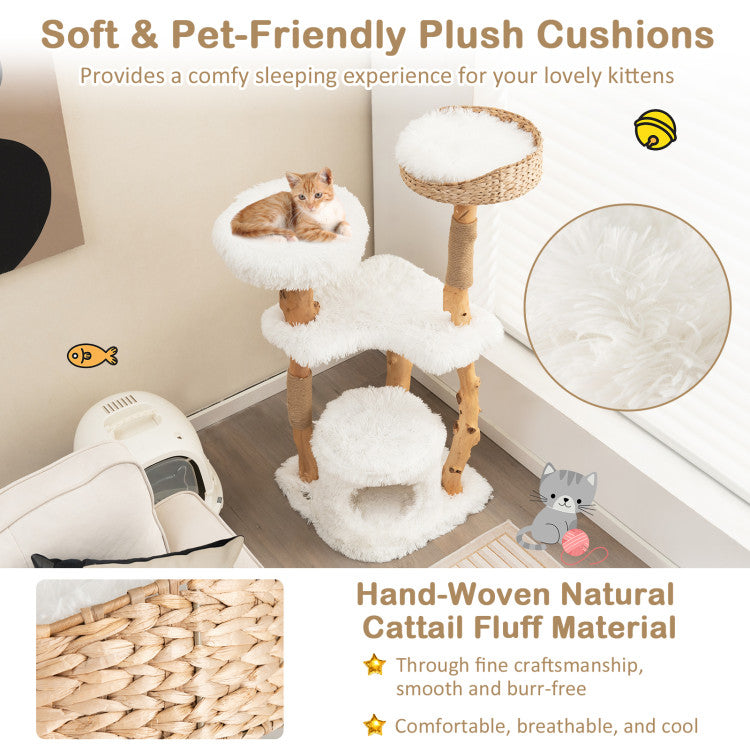Solid Wood Cat Tower with Top Cattail Basket Cat Bed