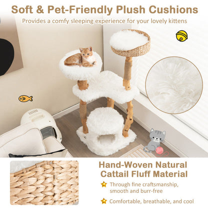 Solid Wood Cat Tower with Top Cattail Basket Cat Bed