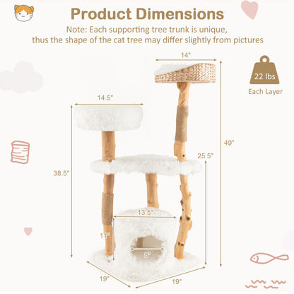 Solid Wood Cat Tower with Top Cattail Basket Cat Bed
