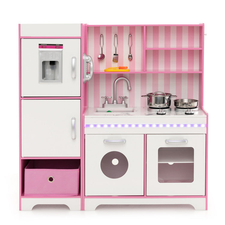 Kids Kitchen Playset Wooden Toy with Adjustable LED Lights and Washing Machine